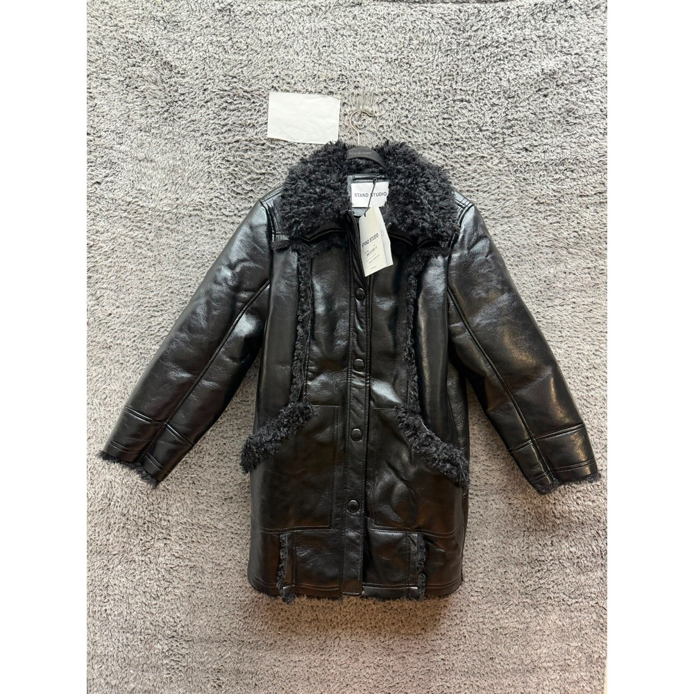 NWT Stand Studio Ramona Faux-Leather Coat Black Faux Shearling Womens Size 32